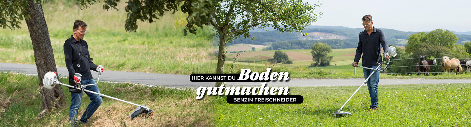 Mann schneidet Gestrüpp und Gras mit eienem Benzinfreischneider